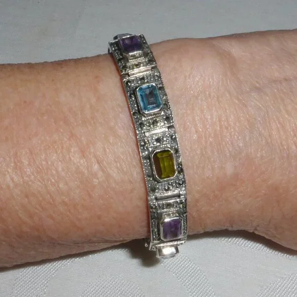 Vintage Silver Bracelet with Marcasite Amethyst Topaz Citrine Peridot Stones 7" - Picture 4 of 9